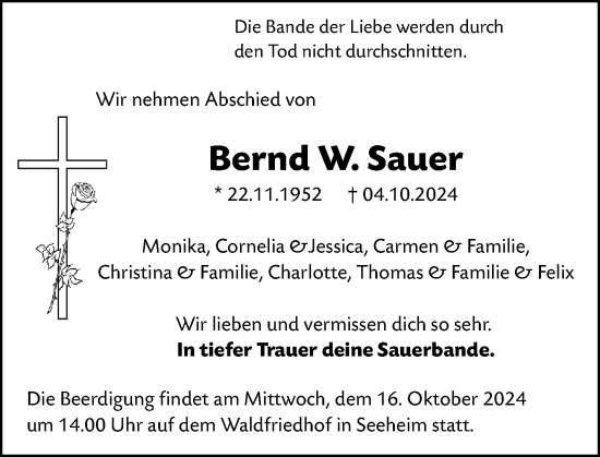 Traueranzeige von Bernd W. Sauer von Darmstädter Echo