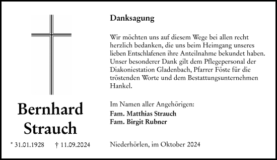 Traueranzeige von Bernhard Strauch von Hinterländer Anzeiger
