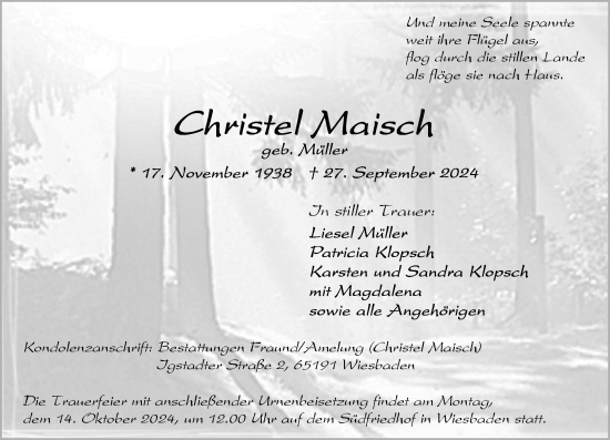 Traueranzeige von Christel Maisch von Wiesbadener Kurier