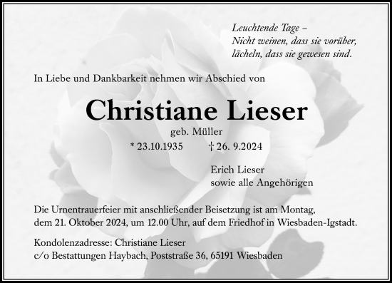 Traueranzeige von Christiane Lieser von Wiesbadener Kurier
