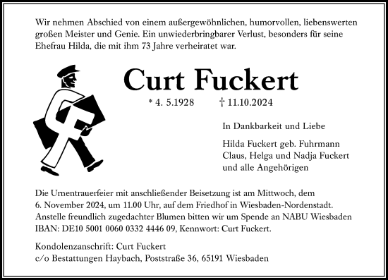 Traueranzeige von Curt Fuckert von Wiesbadener Kurier