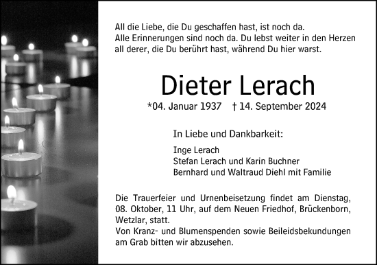 Traueranzeige von Dieter Lerach von Wetzlarer Neue Zeitung