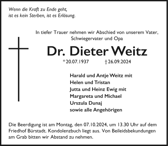 Traueranzeige von Dieter Weitz von Starkenburger Echo
