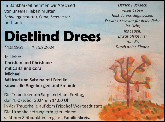 Traueranzeige von Dietlind Drees von Allgemeine Zeitung Alzey