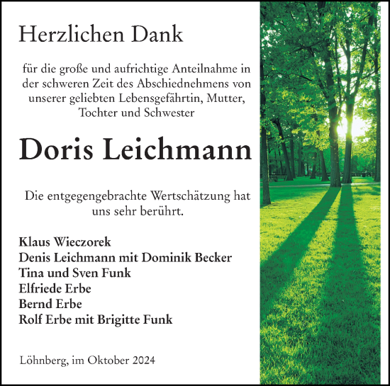 Traueranzeige von Doris Leichmann von Weilburger Tageblatt