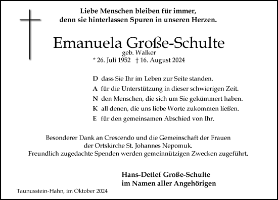Traueranzeige von Emanuela Große-Schulte von Idsteiner Land/Untertaunus