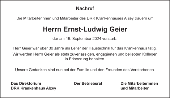 Traueranzeige von Ernst-Ludwig Geier von Allgemeine Zeitung Alzey