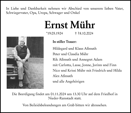 Traueranzeige von Ernst Möhr von Darmstädter Echo