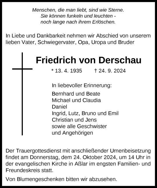 Traueranzeige von Friedrich von Derschau von Wetzlarer Neue Zeitung