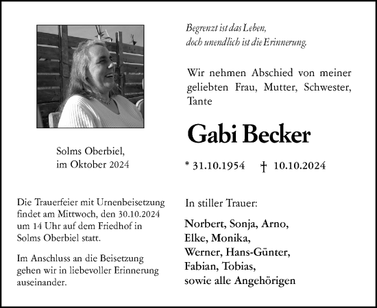 Traueranzeige von Gabriele Becker von Wetzlarer Neue Zeitung
