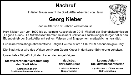 Traueranzeige von Georg Kleber von Wetzlarer Neue Zeitung