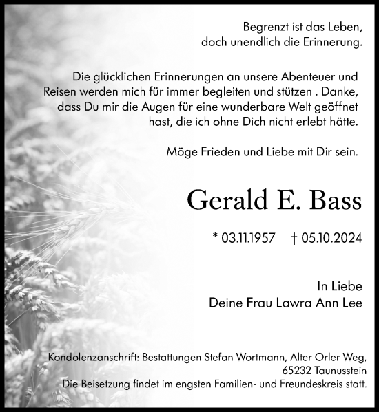 Traueranzeige von Gerald E. Bass von Wiesbadener Kurier