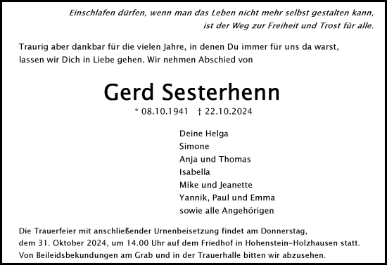 Traueranzeige von Gerd Sesterhenn von Wiesbadener Kurier