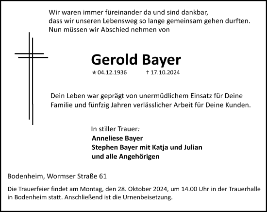 Traueranzeige von Gerold Bayer von Allgemeine Zeitung Mainz