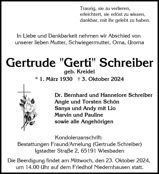 Traueranzeige von Gertrude Schreiber von Wiesbadener Kurier