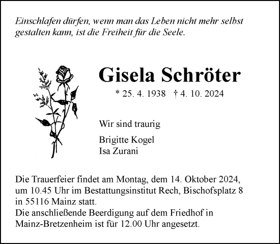 Traueranzeige von Gisela Schröter von Allgemeine Zeitung Mainz