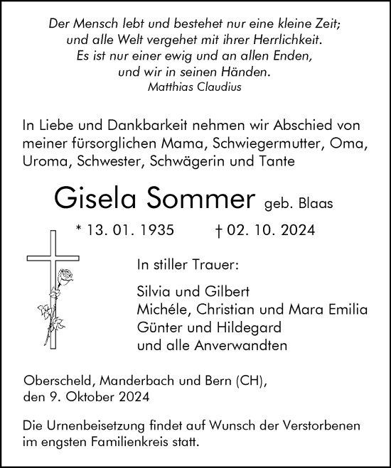 Traueranzeige von Gisela Sommer von Dill Block