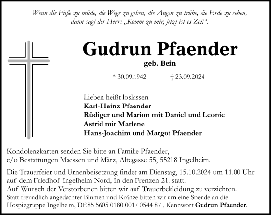 Traueranzeige von Gudrun Pfaender von Allgemeine Zeitung Rheinhessen-Nahe