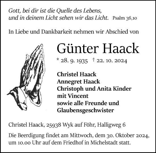 Traueranzeige von Günter Haack von Odenwälder Echo