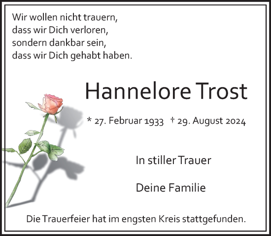 Traueranzeige von Hannelore Trost von Wiesbadener Kurier