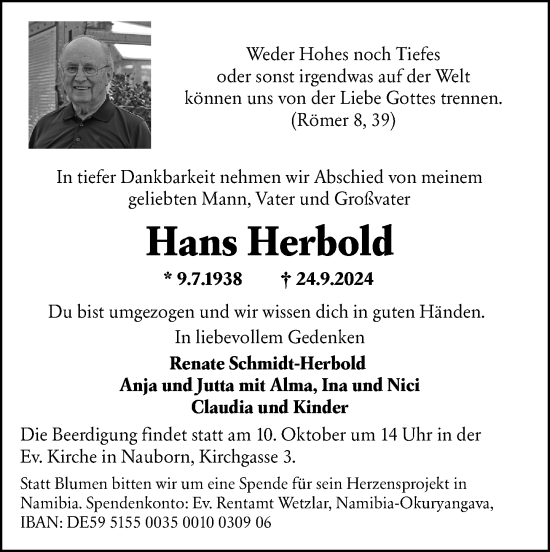 Traueranzeige von Hans Herbold von Wetzlarer Neue Zeitung