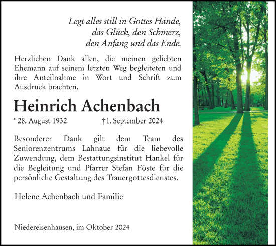 Traueranzeige von Heinrich Achenbach von Hinterländer Anzeiger
