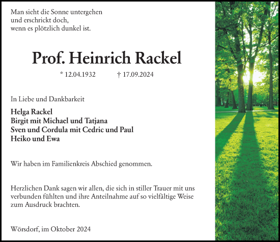 Traueranzeige von Heinrich Rackel von Idsteiner Land/Untertaunus