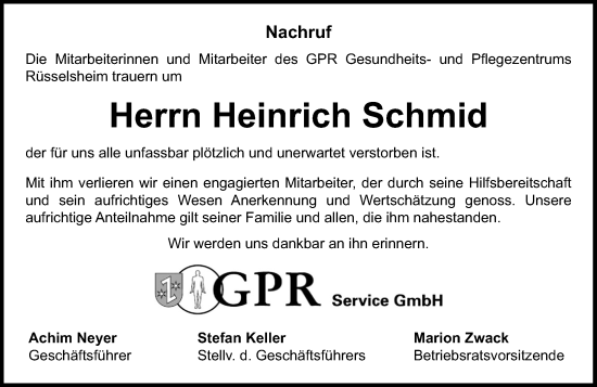 Traueranzeige von Heinrich Schmid von Rüsselsheimer Echo