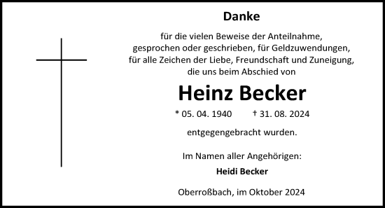 Traueranzeige von Heinz Becker von Dill Block