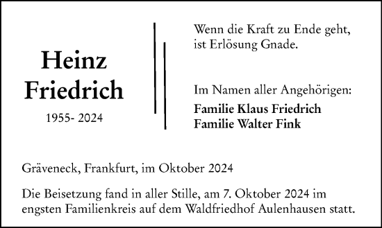 Traueranzeige von Heinz Friedrich von Weilburger Tageblatt