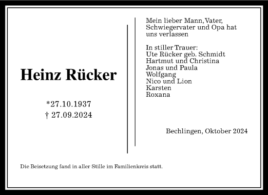 Traueranzeige von Heinz Rücker von Wetzlarer Neue Zeitung