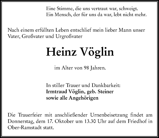 Traueranzeige von Heinz Vöglin von Darmstädter Echo