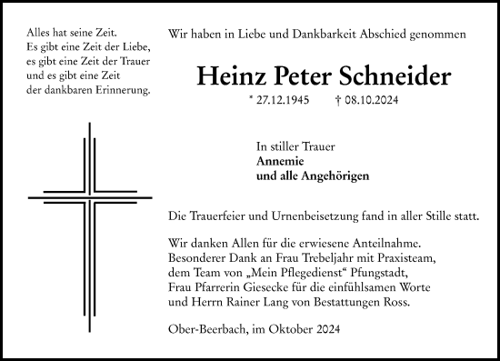 Traueranzeige von Heinz Peter Schneider von Darmstädter Echo