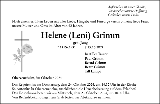 Traueranzeige von Helene Grimm von Nassauische Neue Presse