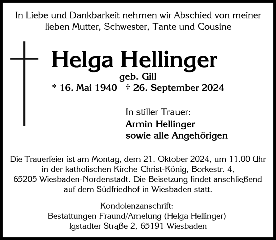 Traueranzeige von Helga Hellinger von Wiesbadener Kurier