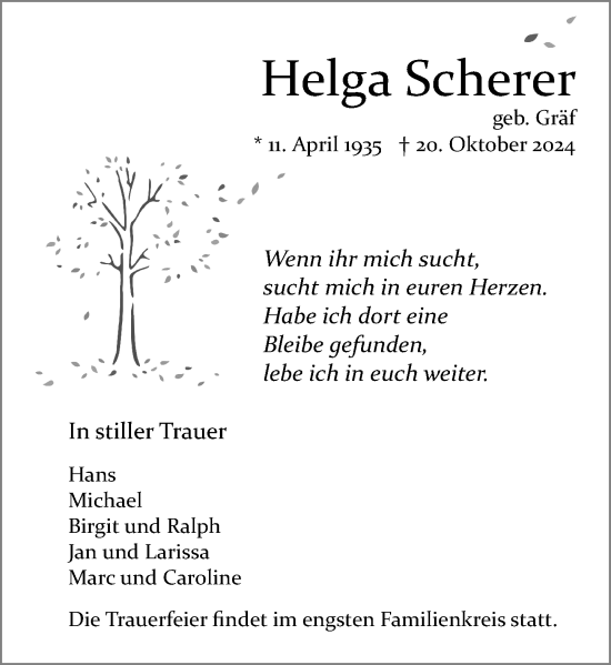Traueranzeige von Helga Scherer von Wiesbadener Kurier