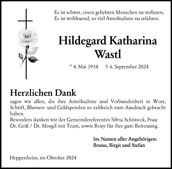Traueranzeige von Hildegard Katharina Wastl von Starkenburger Echo