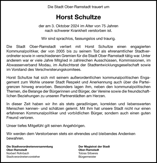 Traueranzeige von Horst Schultze von Darmstädter Echo