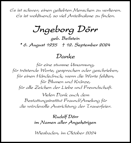 Traueranzeige von Ingeborg Dörr von Wiesbadener Kurier