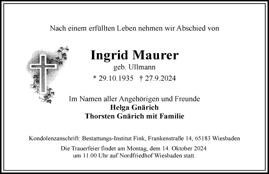 Traueranzeige von Ingrid Maurer von Wiesbadener Kurier