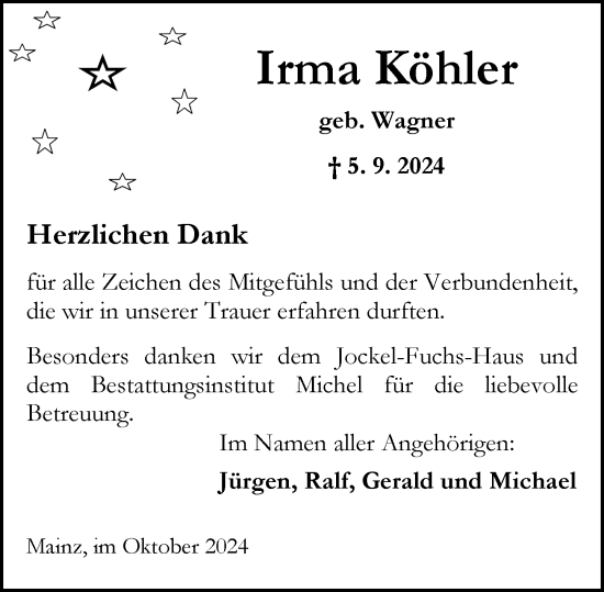 Traueranzeige von Irma Köhler von Allgemeine Zeitung Mainz
