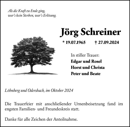 Traueranzeige von Jörg Schreiner von Weilburger Tageblatt