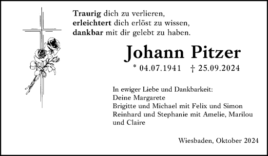 Traueranzeige von Johann Pitzer von Wiesbadener Kurier
