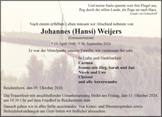 Traueranzeige von Johannes Weijers von Weilburger Tageblatt