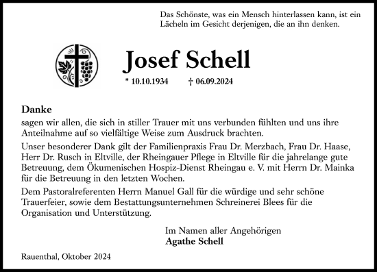 Traueranzeige von Josef Schell von Rheingau Kurier