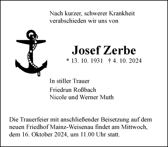 Traueranzeige von Josef Zerbe von Allgemeine Zeitung Mainz