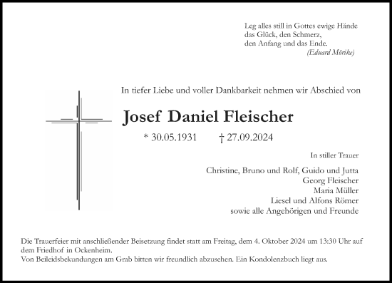 Traueranzeige von Josef Daniel Fleischer von Allgemeine Zeitung Rheinhessen-Nahe