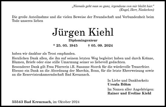Traueranzeige von Jürgen Kiehl von Allgemeine Zeitung Rheinhessen-Nahe