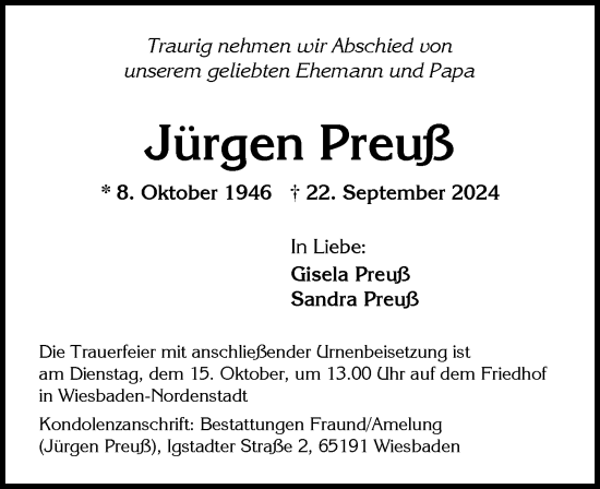 Traueranzeige von Jürgen Preuß von Wiesbadener Kurier