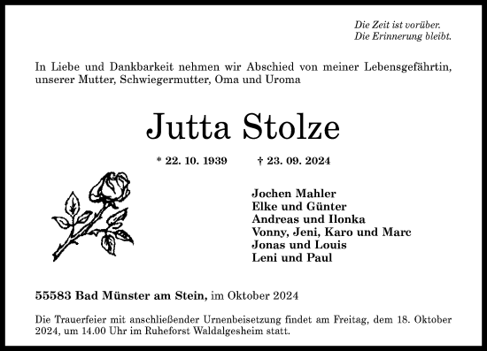 Traueranzeige von Jutta Stolze von Allgemeine Zeitung Rheinhessen-Nahe